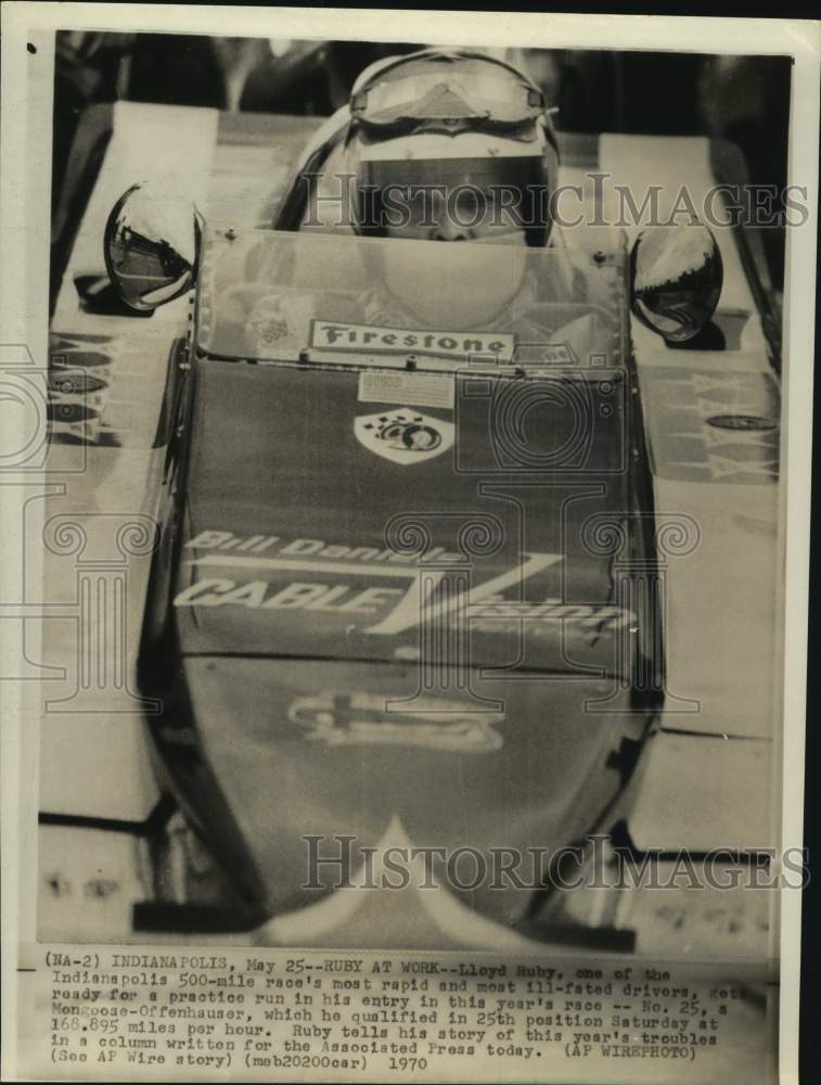 1970 Race car driver Lloyd Ruby readies for practice run at Indy 500 - Historic Images