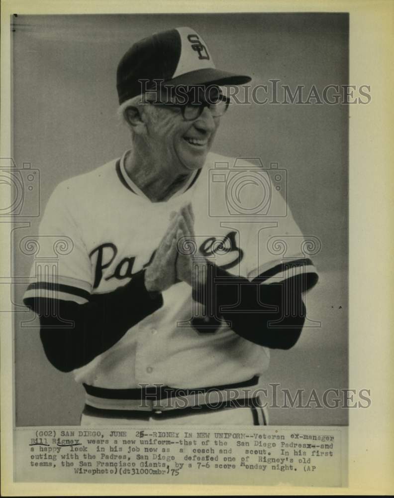 1975 Bill Rigney, coach and scout for San Diego Padres Baseball team - Historic Images