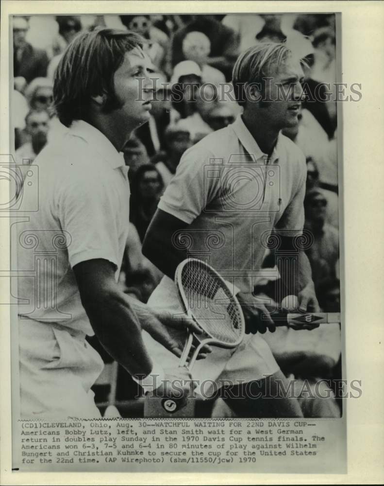 1970 Bobby Lutz, Stan Smith in match-Davis Cup tennis, Cleveland, OH - Historic Images