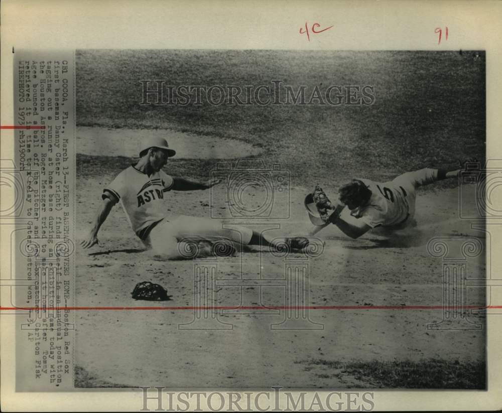 1973 Boston&#39;s first baseman Danny Cater tags Houston runner at home - Historic Images