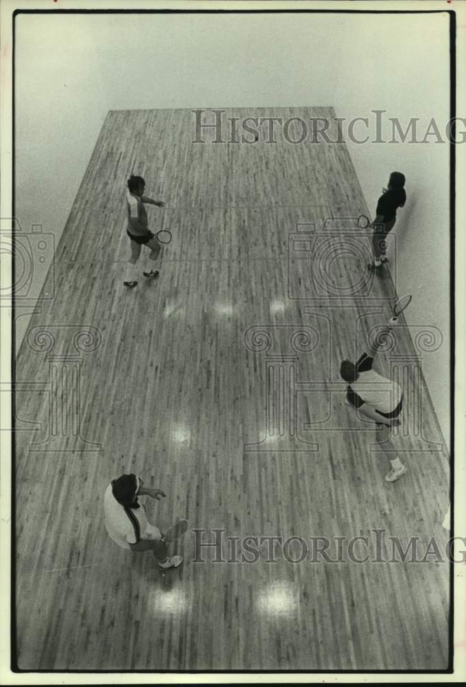 1979 Doubles on racquetball court at Courts, Etc. in Houston, Texas - Historic Images
