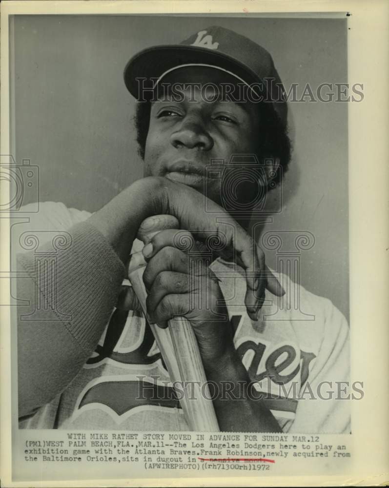 1972 Press Photo New Dodger, Frank Robinson sits in dugout in West Palm Beach. - Historic Images