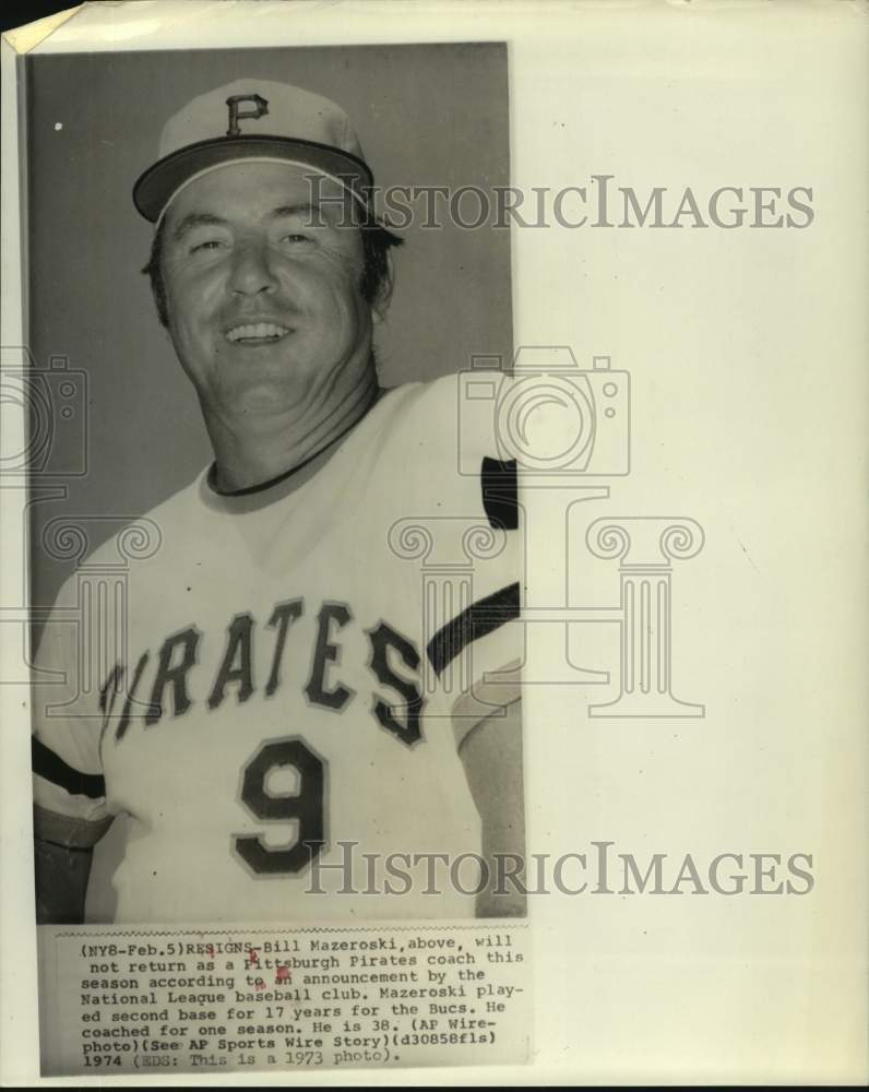 1973 Press Photo Bill Mazeroski will not return as Pirates this season.- Historic Images