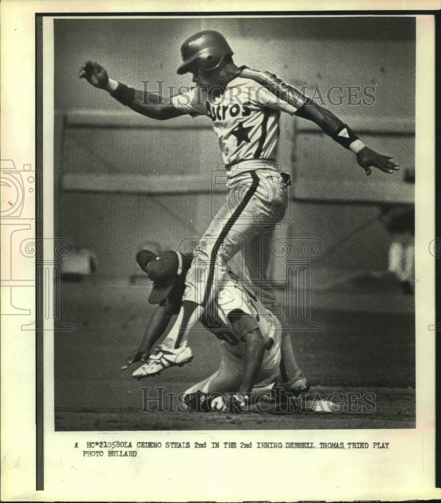 1980 Press Photo Astros&#39; Cesar Cedeno steals second on Dodgers Derrel Thomas.- Historic Images