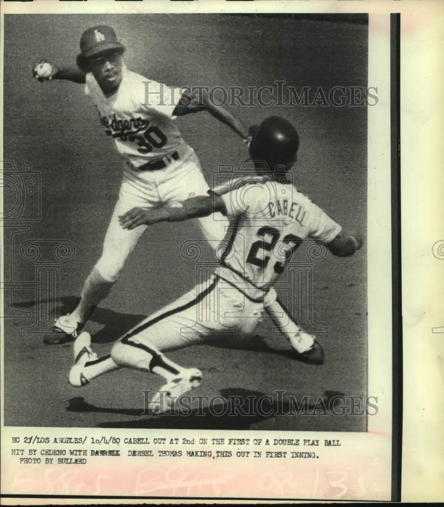 1980 Press Photo Astros&#39; Enos Cabell out at second by Dodgers&#39; Derrel Thomas. - Historic Images