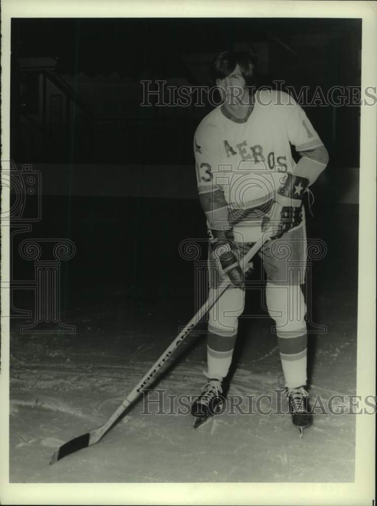 1976 Press Photo Houston Aeros hockey player #13 stands on ice holding stick- Historic Images