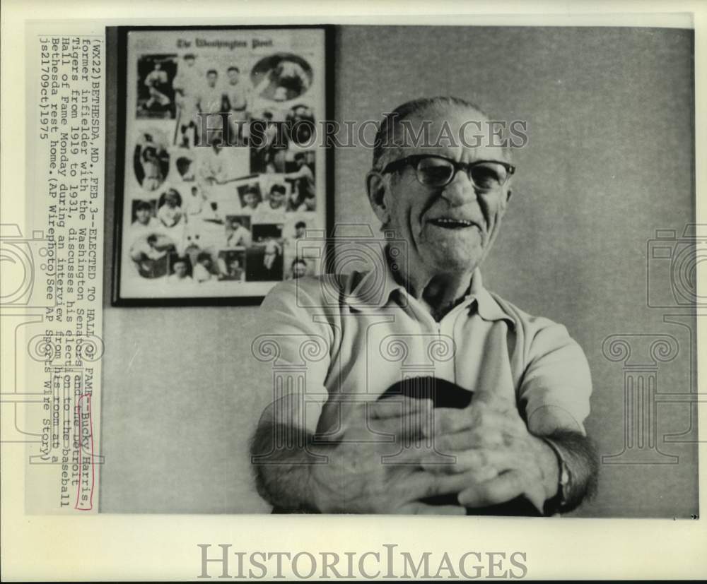 1975 Press Photo Bucky Harris discusses his election to Baseball Hall of Fame.- Historic Images