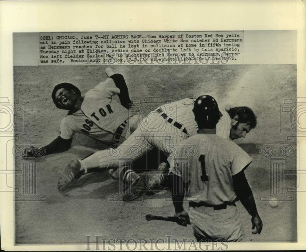 1972 Press Photo Boston Red Sox baseball player Tom Harper is injured in play - Historic Images