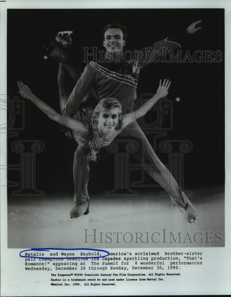 1990 Press Photo Figure skaters Natalie and Wayne Seybold perform maneuver - Historic Images