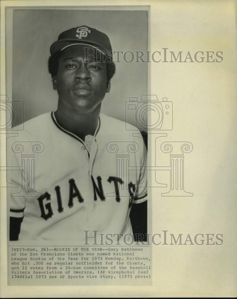 1973 Press Photo Giants' Gary Matthews named NL Rookie of the Year - hcs19496- Historic Images
