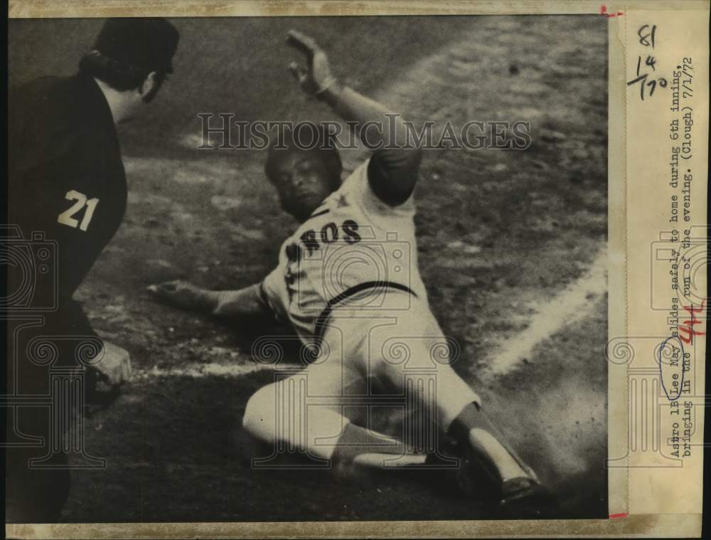 1972 Press Photo Astro first baseman Lee May slides safely home in 6th inning- Historic Images