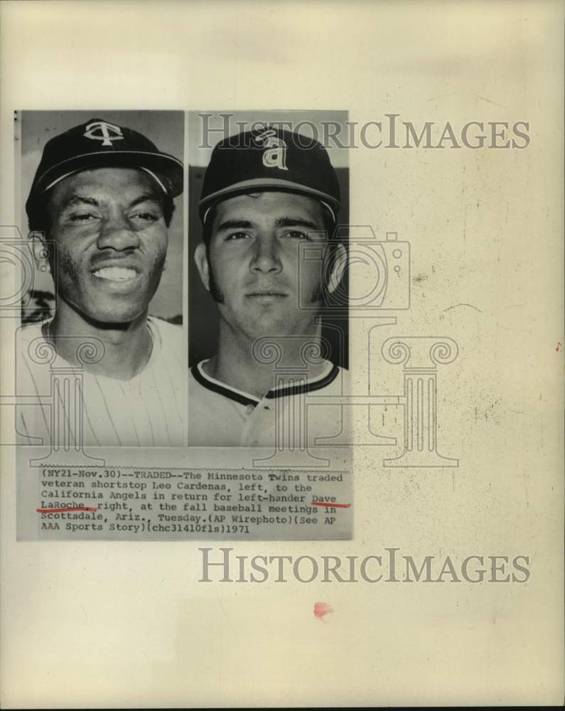 1971 Press Photo Twins trade Leo Cardenas to Angels in return for Dave LaRoche. - Historic Images