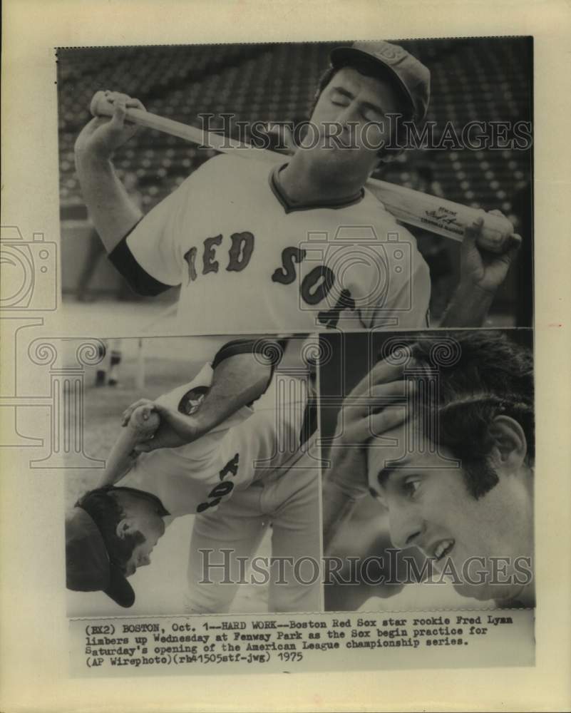 1975 Press Photo Boston Red Sox star rookie Fred Lynn limbers up at Fenway Park- Historic Images