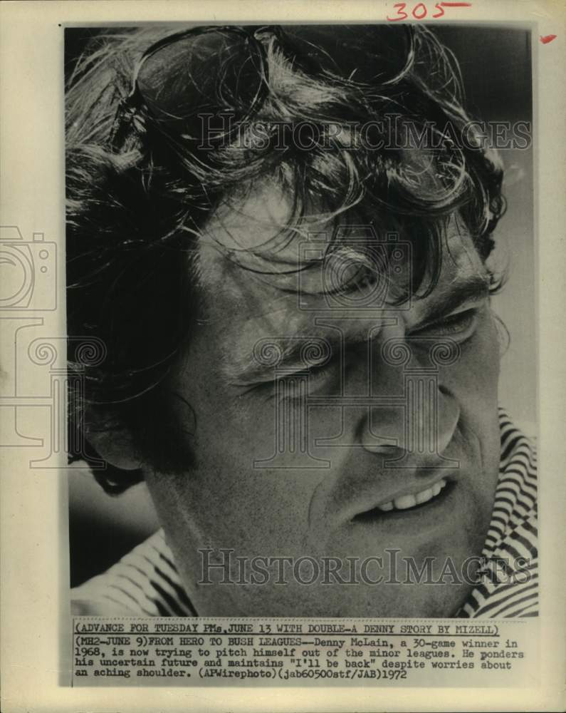 1972 Press Photo Pitcher Denny McLain trying to get back to the major leagues - Historic Images