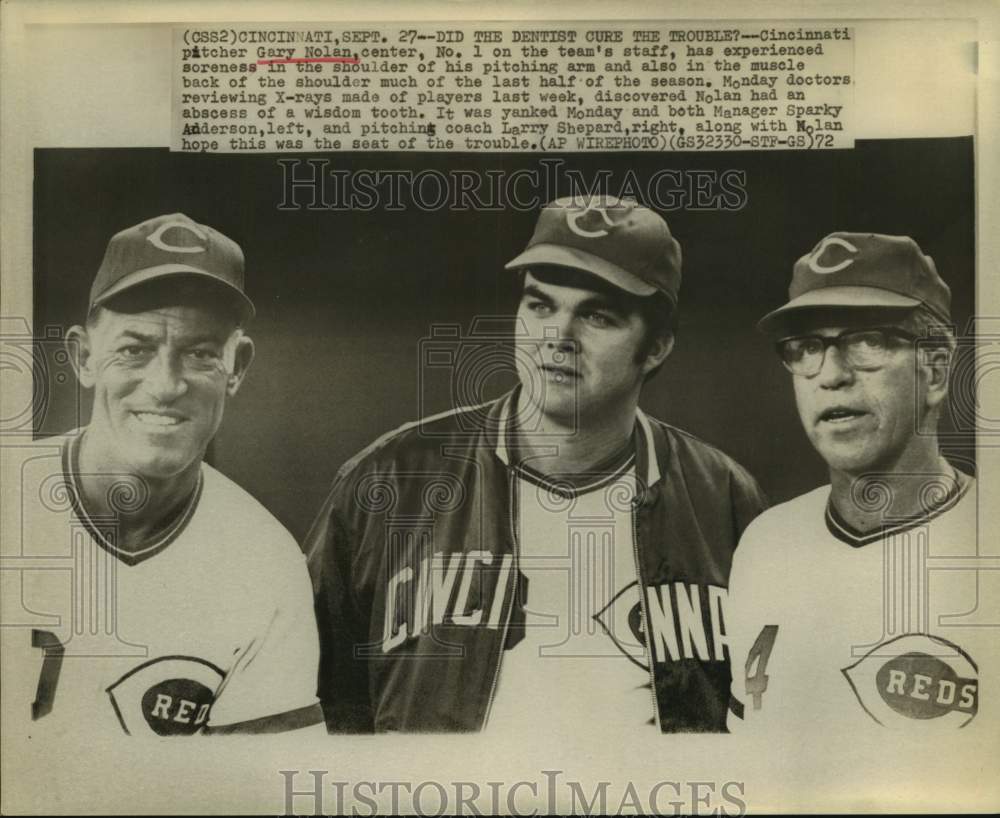 1972 Press Photo Cincinnati Reds Gary Nolan, Sparky Anderson, Larry Shepard - Historic Images