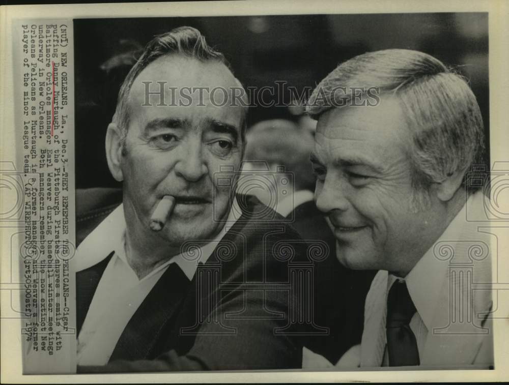 1974 Press Photo Baseball managers Danny Murtaugh &amp; Earl Weaver talk at meetings - Historic Images