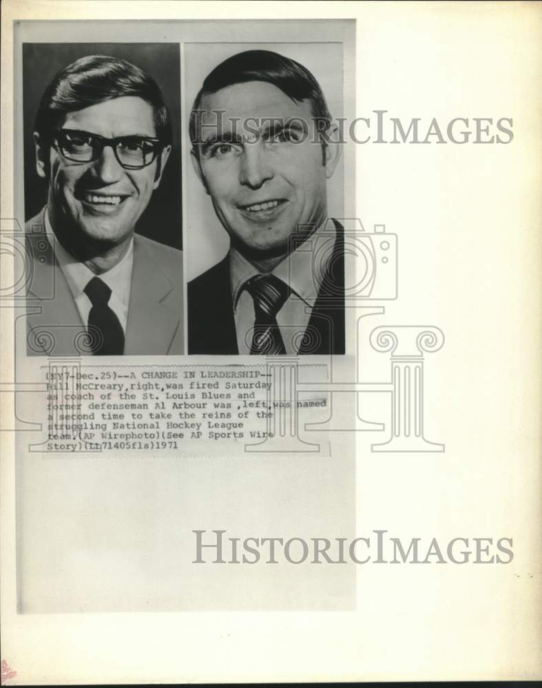 1971 Press Photo Bill McCreary out, Al Arbour in as St. Louis Blues hockey coach - Historic Images