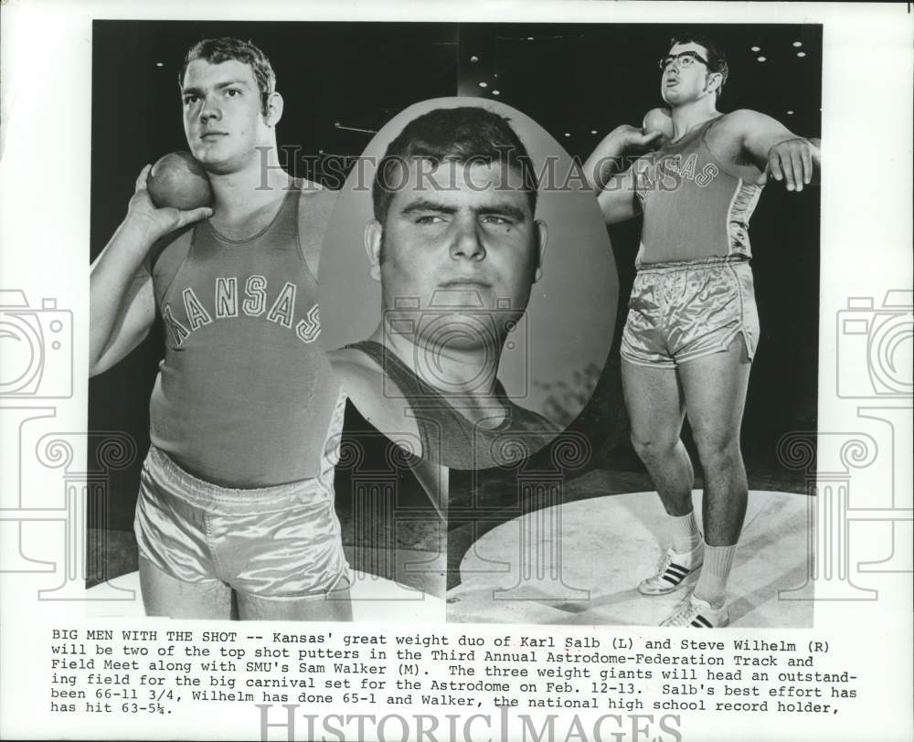 1971 Press Photo Kansas shot putters Karl Salb & Steve Wilhelm, & SMU's Walker - Historic Images