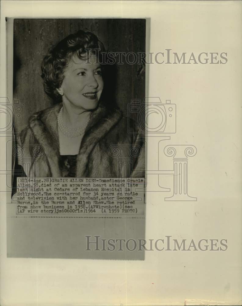 1959 Press Photo Comedian Gracie Allen Co-starred with George Burns for 34 yrs - Historic Images