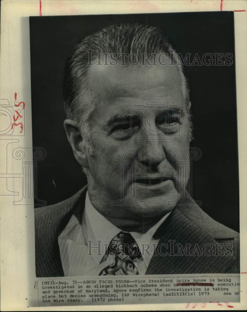 1972 Press Photo V.P. Spiro Agnew; alleged kickback scheme while in Maryland - Historic Images