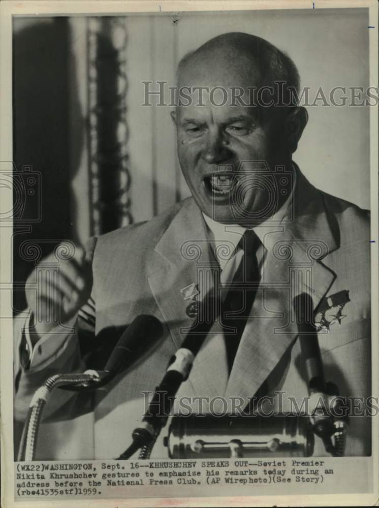 1959 Press Photo Soviet Premier Nikita Khrushchev speaks at National Press Club - Historic Images