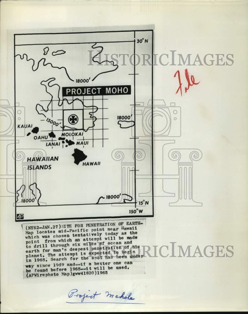 1965 Press Photo Map Shows deepest penetration of Earth, Project Mohole - Historic Images