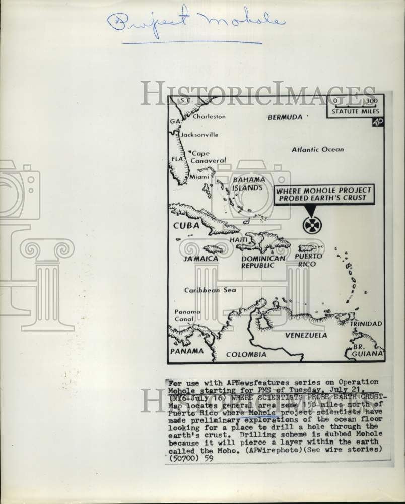 1959 Press Photo Project Project Mohole map, scientists probe Earth crust - Historic Images