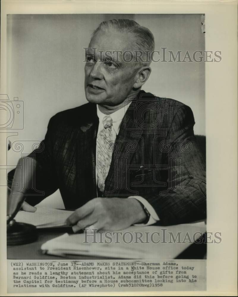 1958 Press Photo Eisenhower assistant Sherman Adams testifies in Goldfine case - Historic Images