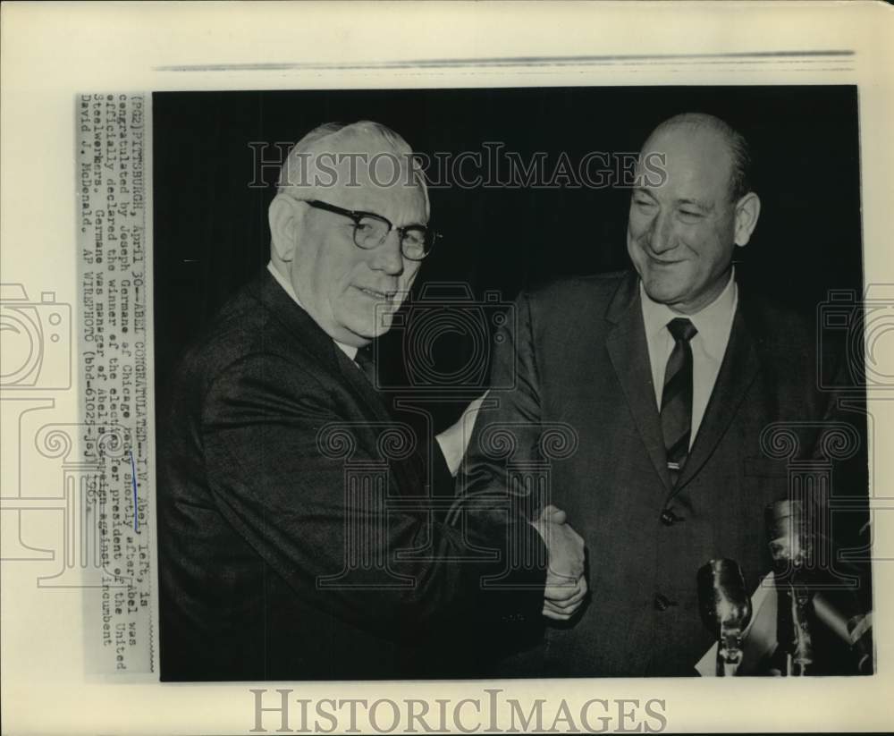 1965 Press Photo Joseph Gername congratulates I. W. Abel in Pittsburgh, PA - Historic Images
