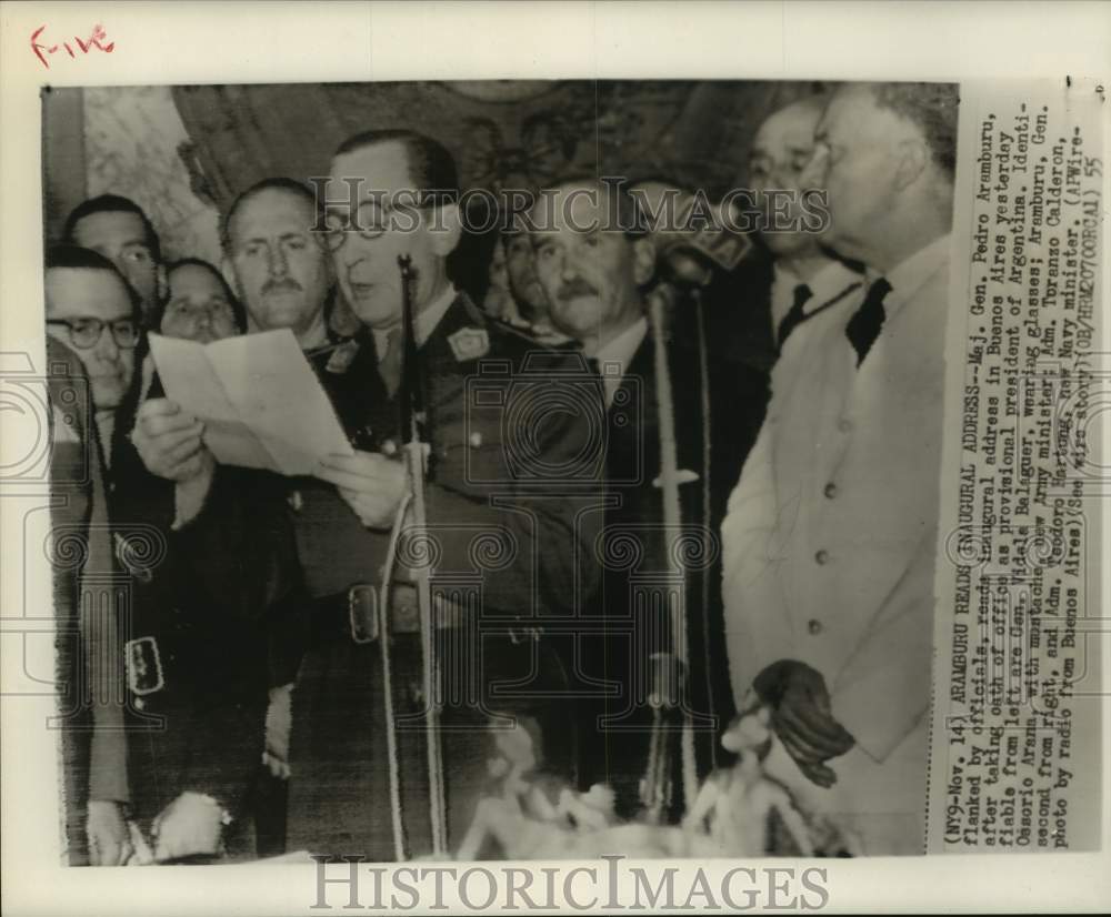 1955 Press Photo Major General Pedro Aramburu inaugural speech in Argentina - Historic Images