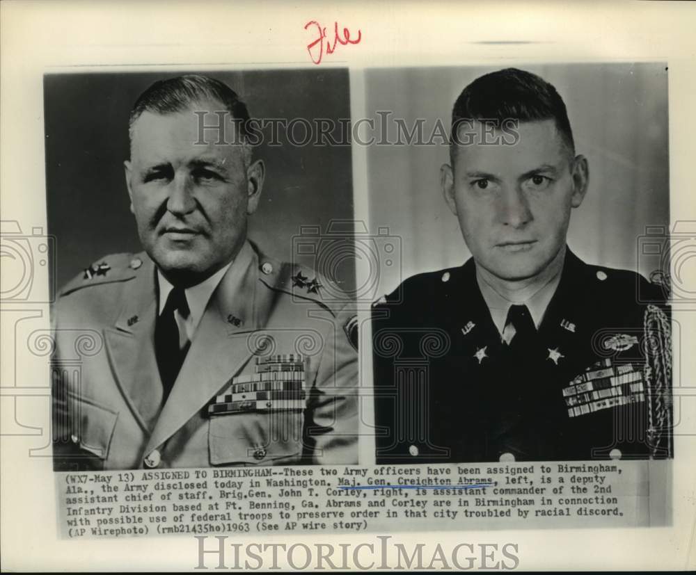 1963 Press Photo Maj. Gen. Abrams, Brig. Gen. Corley assigned to Birmingham - Historic Images