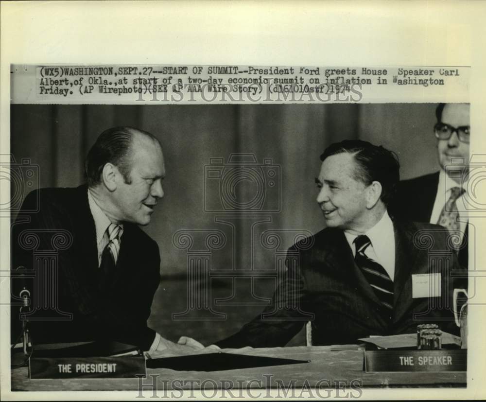 1974 Press Photo President Ford greets House speaker Carl Albert in D.C. - Historic Images