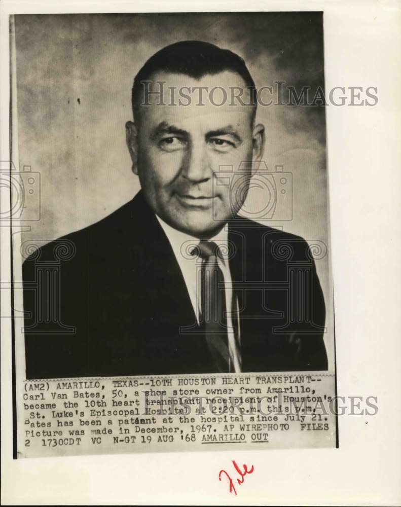 1967 Press Photo Carl Van Bates, heart transplant recipient - Houston St. Luke's - Historic Images