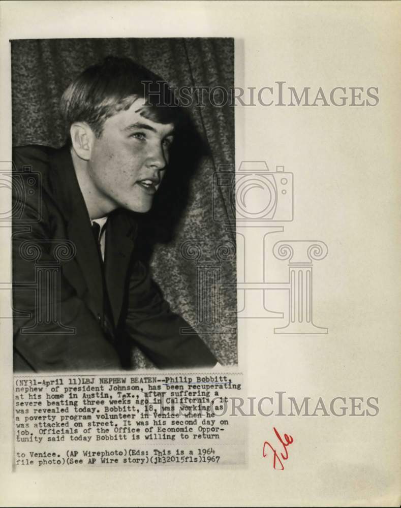 1964 Press Photo Pres. Johnson's Nephew Philip Bobbitt Suffered Severe Beating - Historic Images