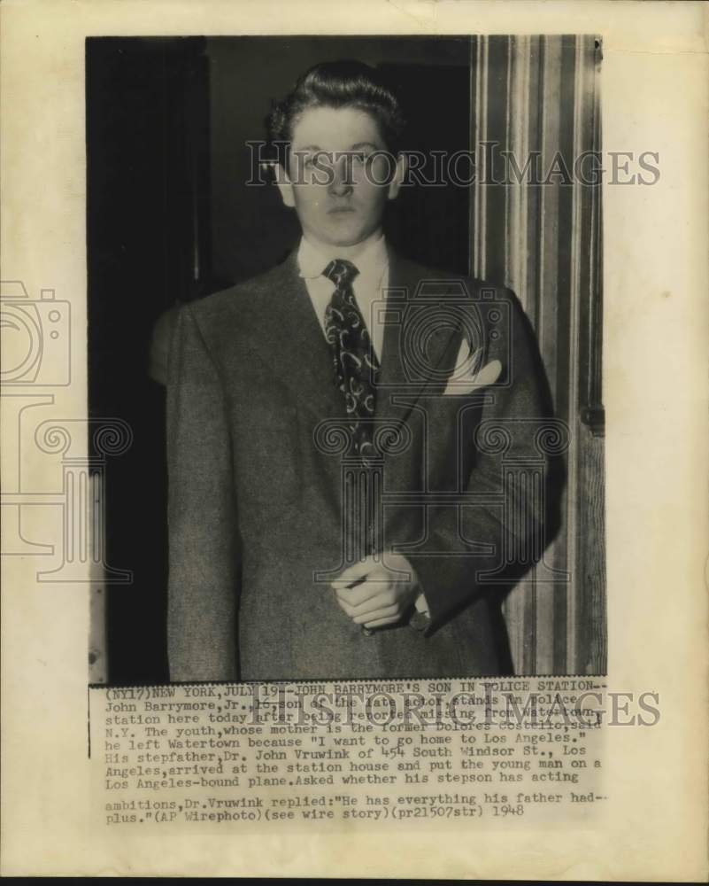 1948 Press Photo Actor John Barrymore, Jr., Police Station, Watertown, New York - Historic Images