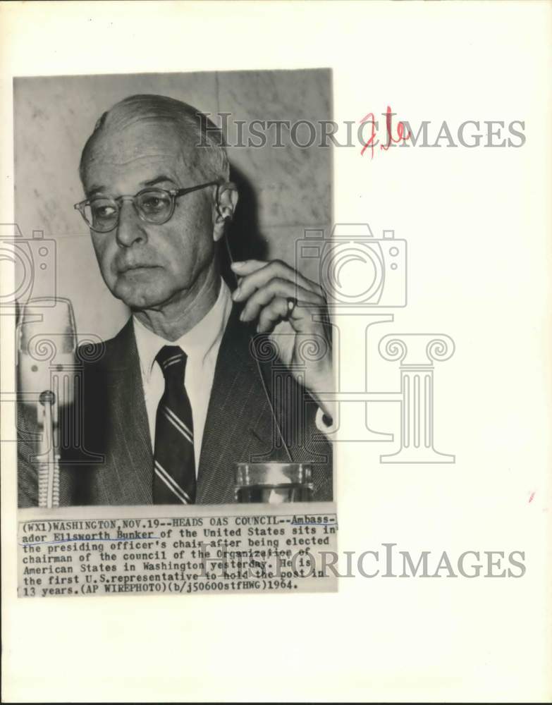 1964 Ambassador Ellsworth Bunker head of OAS Council in Washington.-Historic Images