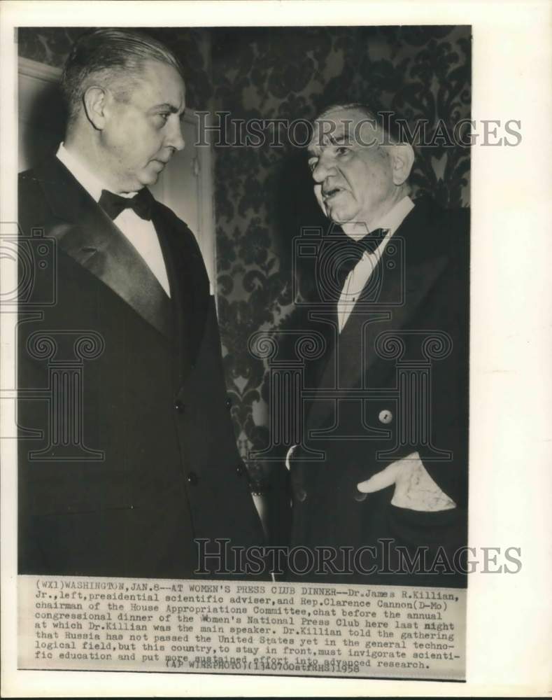 1958 Press Photo Dr. James Killian, Rep. Clarence Cannon; Press Club dinner; DC - Historic Images