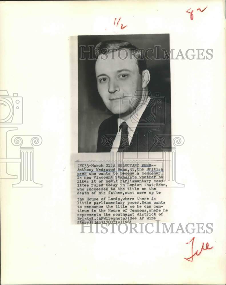 1961 Press Photo Antohy W. Benn, Viscount Stansgate whats to be commoner; London - Historic Images