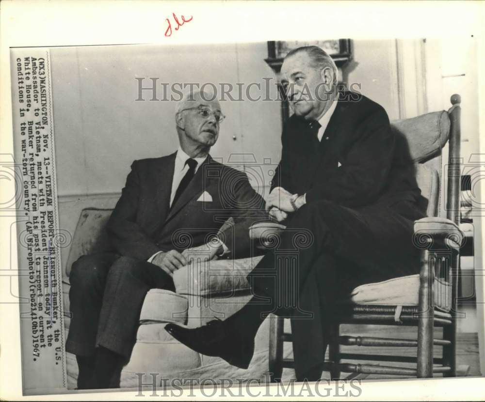 1967 Press Photo Ellsworth Bunker, Vietnam Ambassador with President Johnson - Historic Images