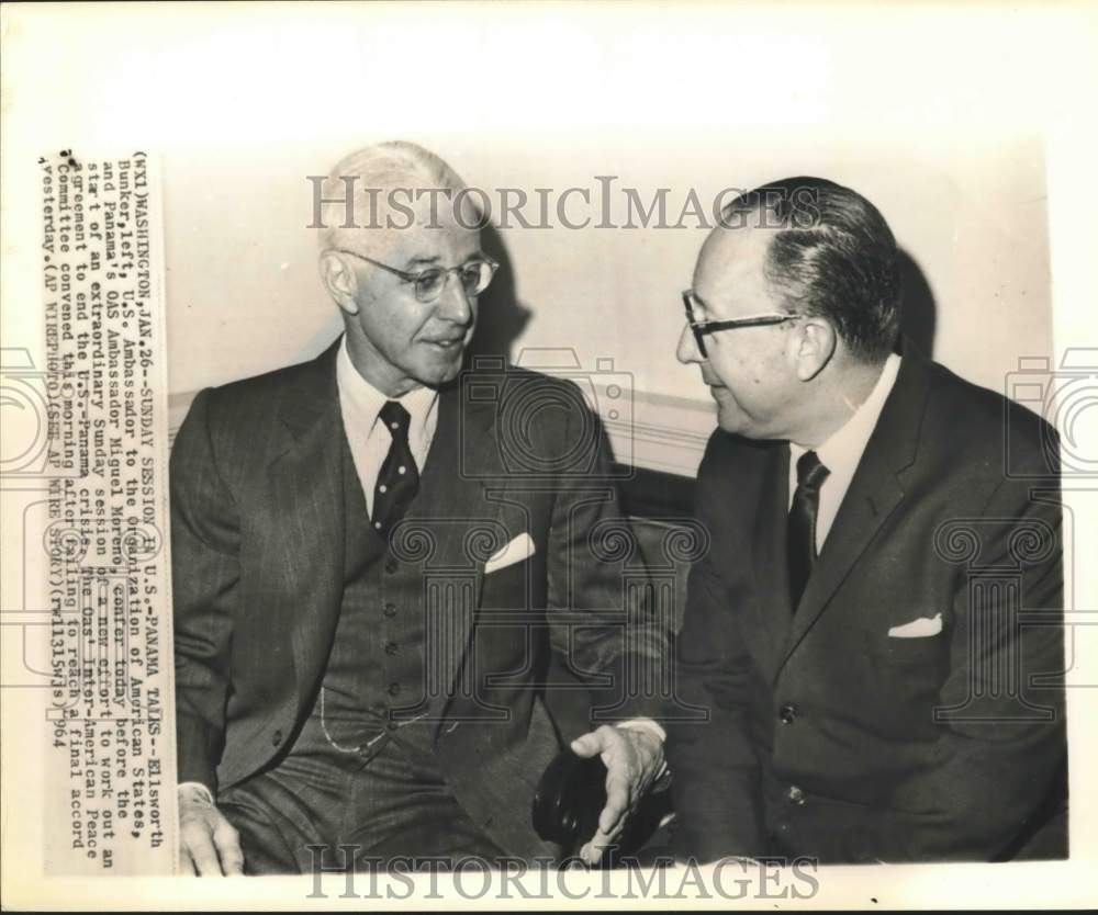 1964 Press Photo Ellsworth Bunker, Miguel Moreno; OAS leaders discuss peace; DC - Historic Images