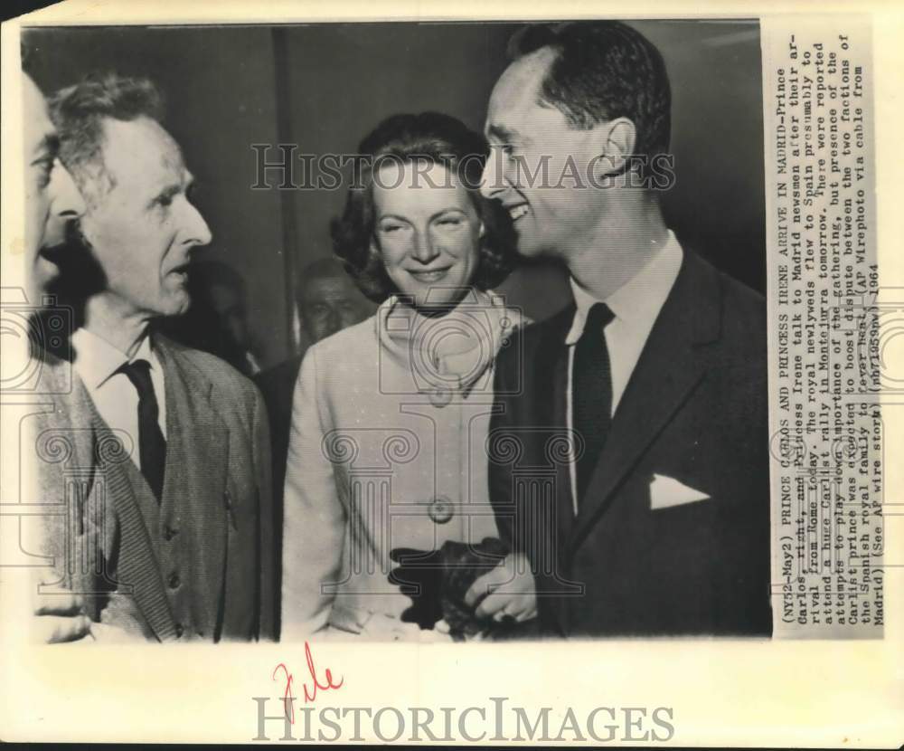 1964 Press Photo Royal newlyweds Prince Carlos, Princess Irene in Madrid - Historic Images