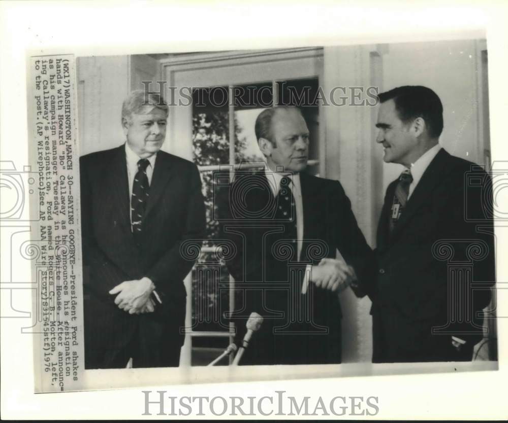 1976 Press Photo President Ford says goodbye to Bo Callaway, welcomes C. Morton - Historic Images