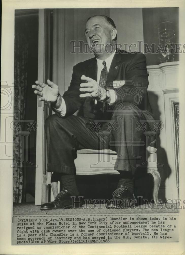 1966 Press Photo Happy Chandler resigns as Continental Football commissioner; NY- Historic Images