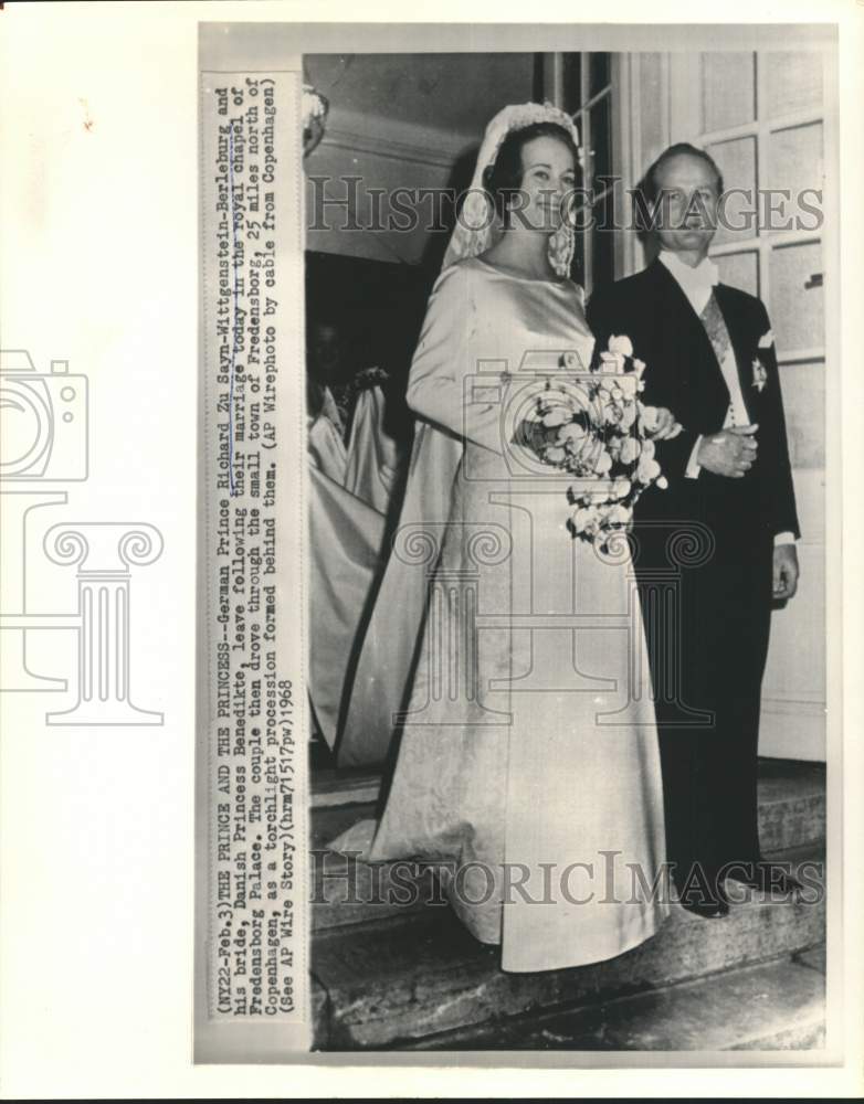 1968 Press Photo Richard Berleburg, Princess Benedikte marry near Copenhagen- Historic Images