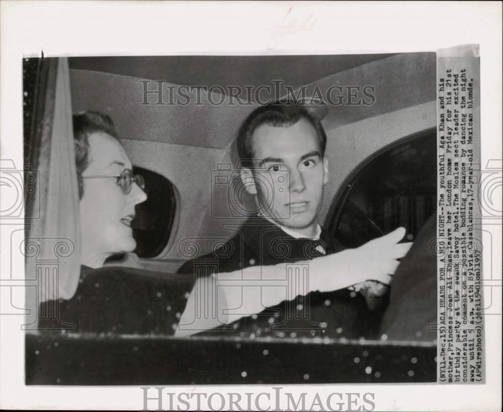 1957 Press Photo Aga Khan and mother Princess Joan Ali Kahn leave London home- Historic Images