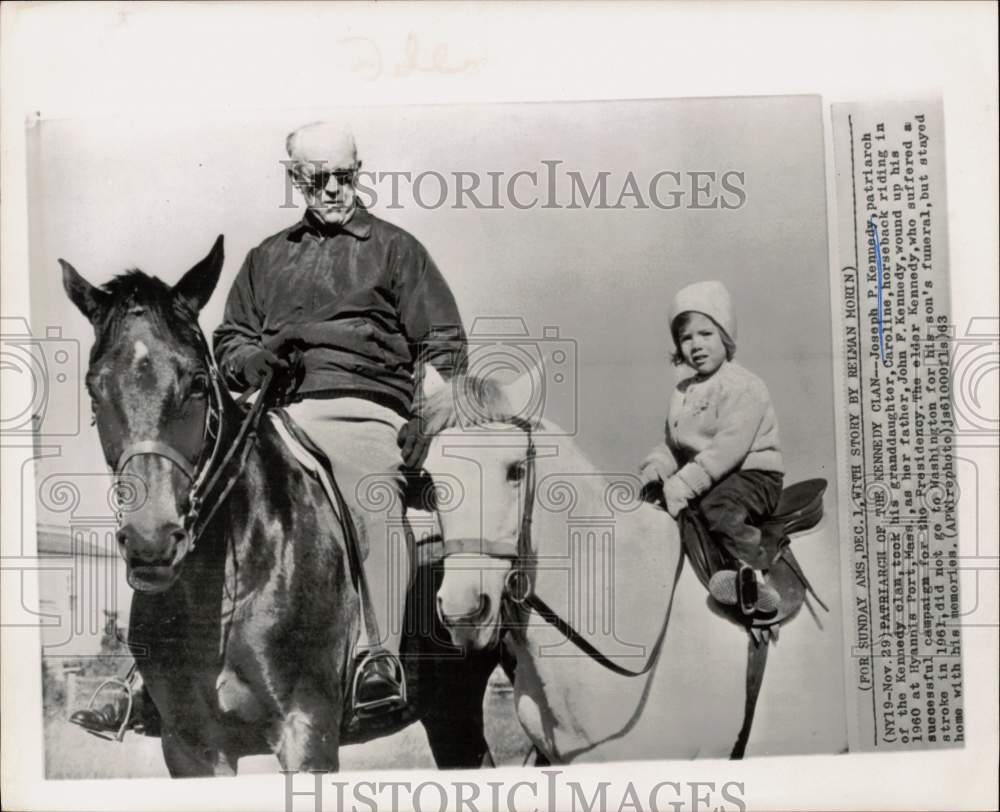 1960 Press Photo Joseph Kennedy, granddaughter Caroline ride horses in Hyannis - Historic Images