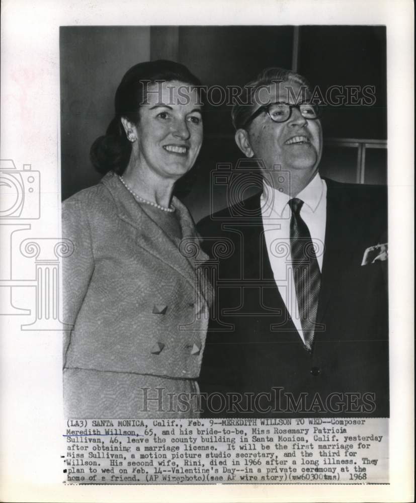 1968 Press Photo Composer Meredith Willson and Fiance Rosemary Patricia Sullivan- Historic Images