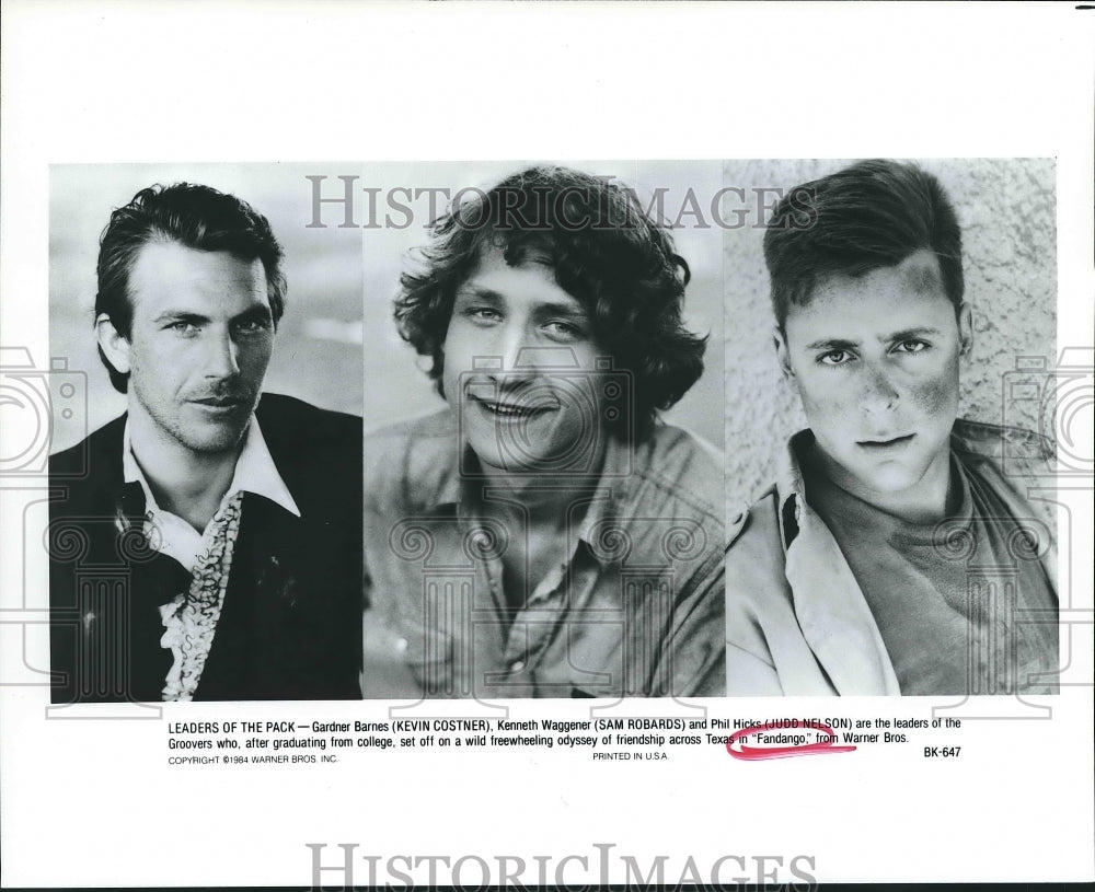 1988 Press Photo Actors Kevin Costner, Sam Robards, Judd Nelson in "Fandango" - Historic Images