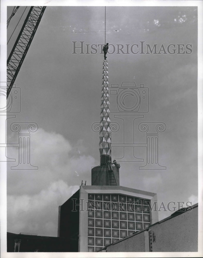 1961 Crane sets a steeple on top of First Church of Christ Scientist - Historic Images