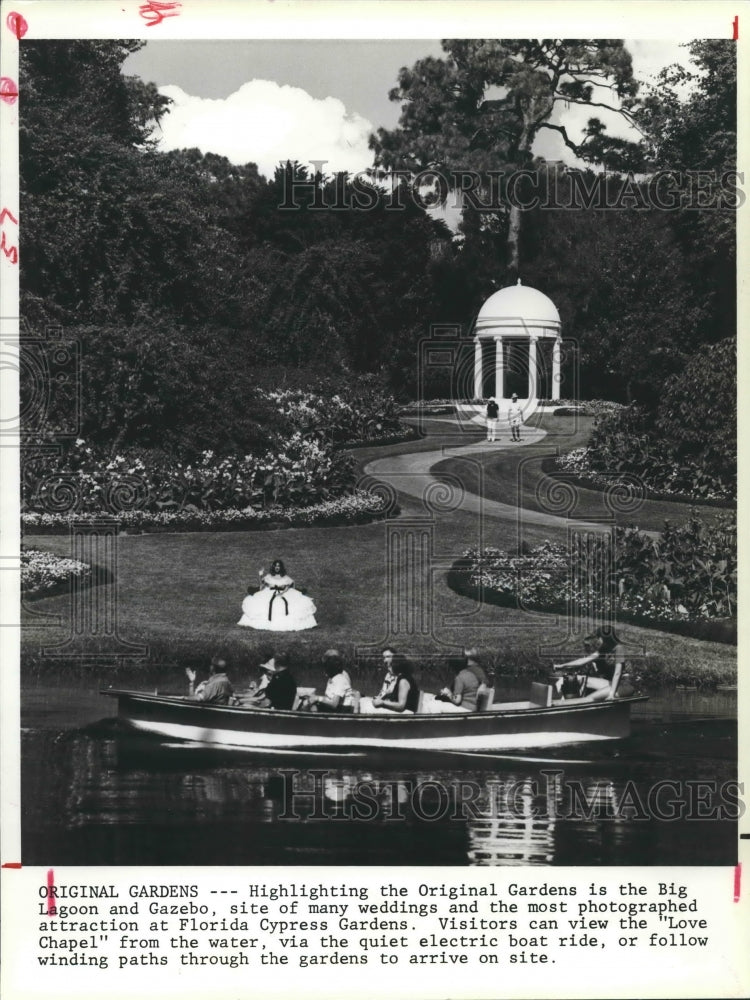 1993 quiet boat ride pass the gazebo in Cypress Gardens, Florida - Historic Images